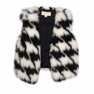 Michael Kors Black & White Faux Fur Vest Herringbone Print On Trend Small